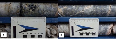Fig.1: Close-up view of mineralized intervals of drill hole SMR-01-22-MTC; photo A: brecciated vein, multiple quartz generations, matrix consists of tetrahedrite, sphalerite, galena, rhodochrosite, 260.20 m depth; photo B: quartz – sulphide vein displaying brecciation and late quartz / rhodochrosite veining, visible sulphides include tetrahedrite, galena, sphalerite, 264.15 m depth (CNW Group/Silver Mountain Resources Inc.)