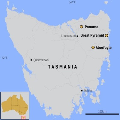 Figure 1: Location of the Great Pyramid and Aberfoyle tin projects in the mining friendly jurisdiction of Tasmania (CNW Group/TinOne Resources Corp.)