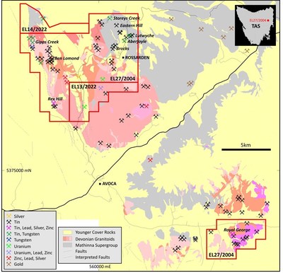 Figure 3: Summary geological setting, mineral occurrences and TinOne tenure (EL27/2004 – granted; EL13/2022 and 14/2022 – applications) in the Aberfoyle project area (CNW Group/TinOne Resources Corp.)