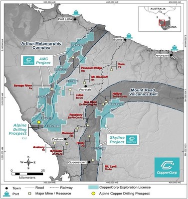 Figure 5. Location plan showing CopperCorp’s exploration licenses and project areas in western Tasmania, Australia. (CNW Group/CopperCorp Resources Inc.)