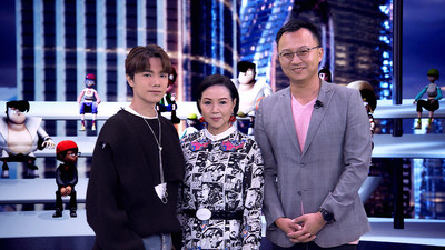 Guests of honour including Shirley Hughes, CEO of Emperor Entertainment Group (Middle); Eric Yeung, Chairman of MetaTimes, a joint venture of VAR LIVE and Times capital (Right); and Hins Cheung, Multiple award winning Artist to lead HertzCity Metaverse (Left) pictured at the press conference against a virtual backdrop constructed with Extended Reality (XR) technologies.