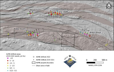 Figure 3: Southern portion of the Bidou project, showing target areas and 1911 Gold drillholes. (CNW Group/1911 Gold Corporation)