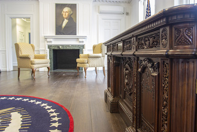 A replica Resolute Desk inside the Oval Office of the 