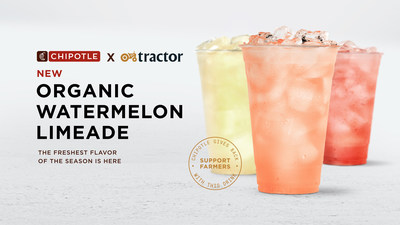 For a limited time, Watermelon Limeade joins Chipotle's lineup of certified organic Tractor Beverages. Chipotle donates 5% of profits from the sale of these beverages to support farming-related causes.