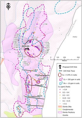 Figure 1. Geology map with soil anomalies, rock chip sample results and historic drilling. (CNW Group/Luminex Resources Corp.)