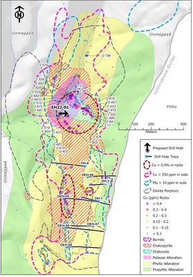Figure 2. Alteration map with diorite porphyry outline, alteration mapping, soil anomalies, rock chip sample results, and historic drilling. (CNW Group/Luminex Resources Corp.)