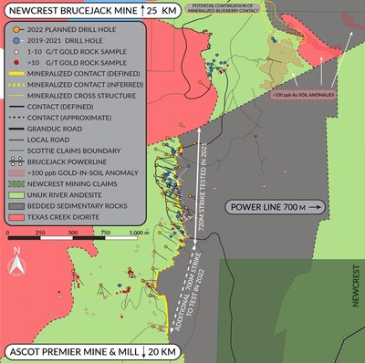 Figure 1: Plan map outlining the proposed 2022 drill plan on the Blueberry Contact Zone. (CNW Group/Scottie Resources Corp.)
