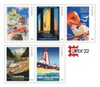 Cinq timbres attrayants illustrent d'élégantes affiches touristiques d'une période du XXe siècle très prospère pour l'art commercial au Canada