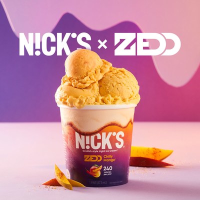 N!CK's x Zedd limited time offering Chilly Mango is a mango ice cream with the perfect hint of spice and a sweet strawberry swirl.