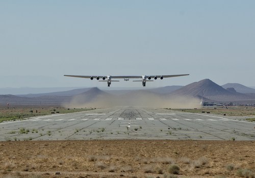 Stratolaunch's Roc carrier aircraft takes off from Mojave Air and Space Port during its sixth flight test on June 9, 2022.