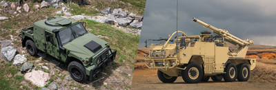 Left: HUMVEE Saber is redefining survivability with 360-degree kinetic and blast protection in a truly light tactical vehicle. Right: AM General/Mandus Group collaborated with Supacat to bring the HMT Extenda Mk2 with 105mm Light Gun with Soft Recoil Technology Concept to life.