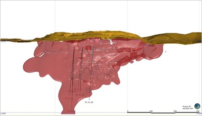 Figure 1 –  3D Longitudinal View of the Avino Vein showing the drill hole locations and a projection of the mineralization coloured in red. (CNW Group/Avino Silver & Gold Mines Ltd.)