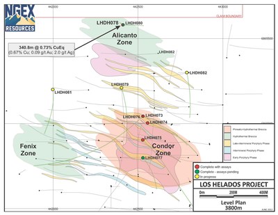LHDH078: Resultados publicados hoy;  probado para la confirmación y extensión de un tercer corredor estructural;  descubrió la Zona Alicanto de alta ley como confirmación de este tercer corredor (CNW Group/NGEx Minerals Ltd.)