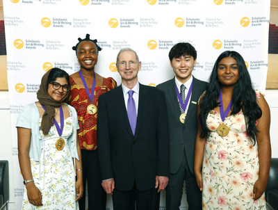 CEO of Scholastic, Peter Warwick poses with the National Student Poets, from left to right, Sarah Fathima Mohammed of Ca., Kechi Mbah of Tx., Kevin Gu of Ma. and Annika Eragram of Ga., backstage at the 2022 Scholastic Art & Writing Awards National Ceremony held at Carnegie Hall, New York, N.Y., Thursday, June 9, 2022. (Photo by Stuart Ramson/AP Images for Alliance for Young Artists & Writers)