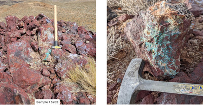 Red Hill outcrop, copper staining in brecciated jasperoids developed in rocks of the Candelaria formation. Sample 16902 reported 1.5% Cu over 1 meter.