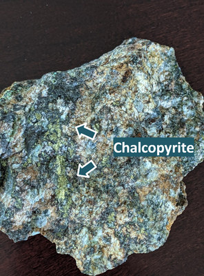 View of chalcopyrite in coarse grained diorite porphyry fragment from the Vanderbilt tunnel dump located near the Georgine pit.