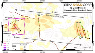 Figure 4: The 2-kilometre extensional corridor is outlined by a >100 ppb and >500 ppb gold-in-soil anomaly. (CNW Group/[nxtlink id=