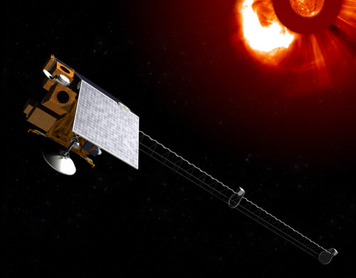 Rendering of Space Weather Follow-On spacecraft that will launch in 2025 to collect solar wind data and coronal imagery (credit: Ball/NASA-SOHO)