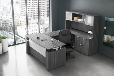 Pictured in Newport Gray finish, the Harmony Collection PL Laminate Series height adjustable executive desk features a modesty panel, combo drawers and hutch.