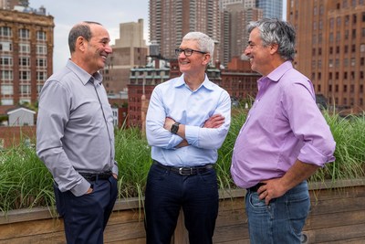 NEW YORK, NY: Apple and Major League Soccer (MLS) today announced that the Apple TV app will be the exclusive destination to watch every single live MLS match beginning in 2023. L to R: MLS Commissioner Don Garber, Apple CEO Tim Cook, and Apple's senior vice president of Services Eddy Cue. (Photo Credit: Apple Inc.).