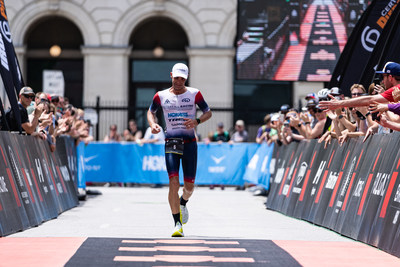 Professional triathlete and InsideTracker Endurance Team athlete, Timothy O'Donnell, crosses the finish line at IRONMAN Des Moines Sunday, just 15 months after a harrowing on-course heart attack, securing his return to the IRONMAN World Championships.