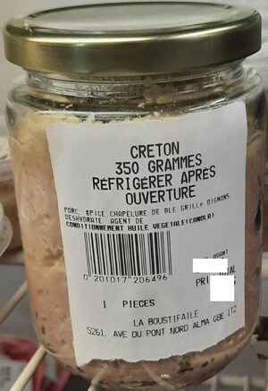 Avis de ne pas consommer du creton conditionné dans des pots en verre et vendu par l'entreprise Comptoir La Boustifaille