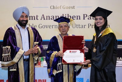 UP Governor Smt. Anandiben Patel conferring degrees to the students during the Annual Convocation - 2022 of Chandigarh University along with Chancellor Chandigarh University Satnam Singh Sandhu