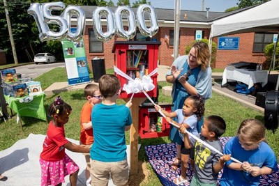 Kids officially open the 150,000th Little Free Library with a ribbon-pulling. The library was granted to the Mid-Cumberland Community Action Agency at their Head Homes Head Start location in Lebanon, Tennessee. The Little Free Library nonprofit organization regularly grants little libraries and books to underserved communities through their Impact Library Program.