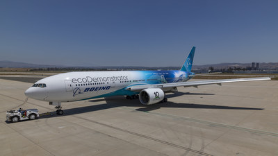 The Boeing 2022 ecoDemonstrator will test 30 technologies to enhance safety and sustainability. Shown here, the 2022 ecoDemonstrator  – a Boeing-owned 777-200 ER (Extended Range) — after its livery was  painted in San Bernardino, Calif., in June. (Photo: Boeing)