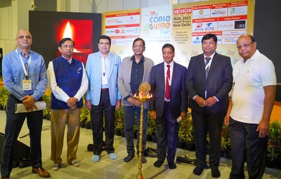 Lighting of lamp by Mr. Anurag Pandey, Executive-in-Charge, Global Wires India - Tata Steel; Mr. Sandeep Aggarwal, Mentor-Telecom Committee, PHD Chamber of Commerce and Industry; Mr. Vijay Karia, Chairman & Managing Director, Ravin Group of Companies; Mr. Shreegopal Kabra, Managing Director & Group President, RR Global; Mr. Anil Gupta, Chairman & Managing Director, KEI Industries Limited; Mr. Priyank Jain, CEO, Tulip 3P Media Pvt Ltd and Mr.  Mr. Parveen Kumar Jain, CMD, Tulip 3P Media Pvt Ltd (L to R).