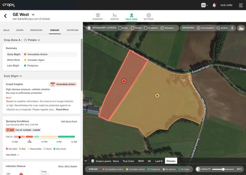 CropX Disease Management tracks the threat of fungal diseases and offers advice on the best and worst times to spray. It is the latest addition to the expanding capabilities of the CropX farm management system.