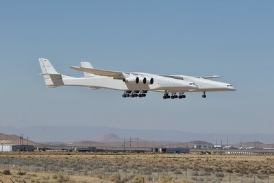Stratolaunch's Roc carrier aircraft lands after successfully completing its seventh test flight, during which it reached a new maximum altitude of 27,000 feet.
