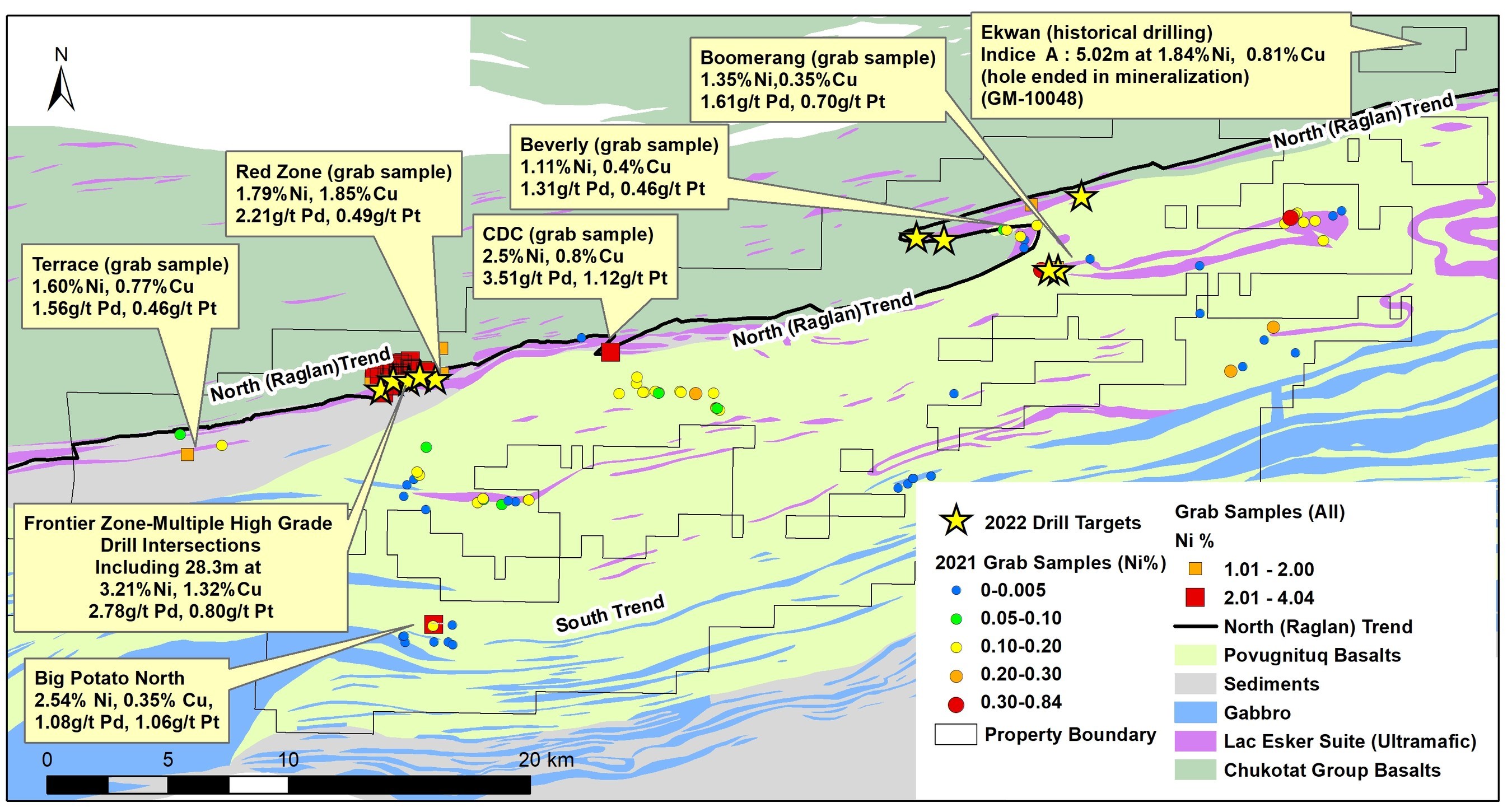 Figure 2: Map of the West Raglan Property highlighting 2022 Drill Hole Targets 
Note: grab samples are selective by nature and values reported may not be representative of mineralized zones. All drilling intervals are down-hole lengths. True thicknesses cannot be estimated with available information. The technical information presented for the Ekwan part of the West Raglan property was obtained from historical work reports filed with the Quebec Ministry of Energy and Natural Reso (CNW Group/Orford Mining Corporation)