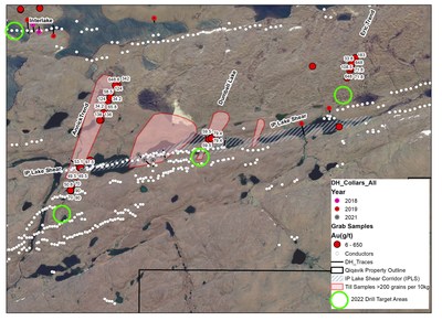 Figure 1: Map of the IPLS showing Grab Sample Results (>5g/t Au), Drill hole locations and Till Gold Grain Count Anomaly Contours. Grab samples are labelled in g/t Au for samples reporting >30g/t Au.
Note that grab samples are selective by nature and values reported may not be representative of mineralized zones. Till gold grain results from IOS Geoscientific, total gold grain counts are coarse(+50um) plus fine (-50um) normalized to 10kg. (CNW Group/Orford Mining Corporation) Figure 1: Map of the IPLS showing Grab Sample Results (>5g/t Au), Drill hole locations and Till Gold Grain Count Anomaly Contours. Grab samples are labelled in g/t Au for samples reporting >30g/t Au.
Note that grab samples are selective by nature and values reported may not be representative of mineralized zones. Till gold grain results from IOS Geoscientific, total gold grain counts are coarse(+50um) plus fine (-50um) normalized to 10kg. (CNW Group/Orford Mining Corporation)