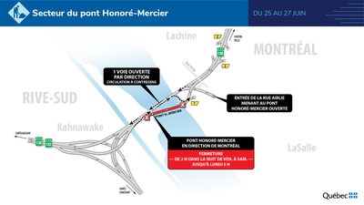 Pont Honoré-Mercier : une voie par direction durant la fin de semaine du 25 juin (Groupe CNW/Ministère des Transports)