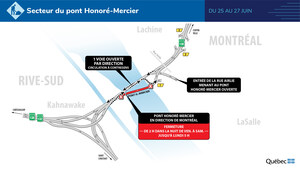 Route 138 entre Kahnawake et Montréal (arrondissement de LaSalle) - Une voie ouverte par direction sur le pont Honoré-Mercier durant la fin de semaine du 25 juin