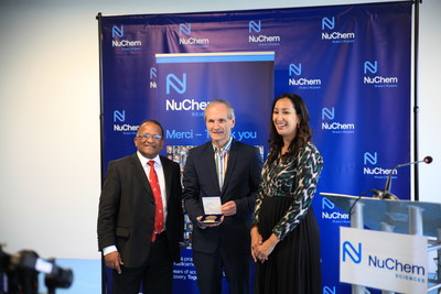 St-Laurent NMA liberal Rizki is presenting the Médaille from the National Assembly to NuChem, represented here by Marc LeBel, president. Mr. Alan DeSouza, mayor of St-Laurent was also present. (CNW Group/NuChem Sciences)