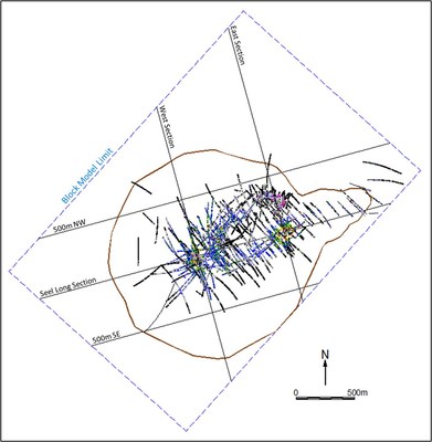 Figure 1. Plan diagram of Seel constraining pit outline showing drill traces and section locations. (CNW Group/Surge Copper Corp.)
