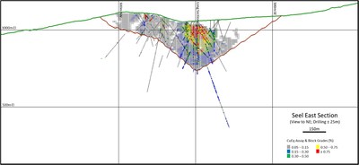 Figure 4. Cross section looking NE through the East Seel and Breccia Zone portion of the Seel deposit showing constraining pit outline, drill traces, and block model. (CNW Group/Surge Copper Corp.)