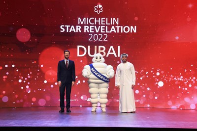 Gwendal Poullennec and Issam Kazim announcing the MICHELIN Guide Star Revelation 2022 at Dubai Opera