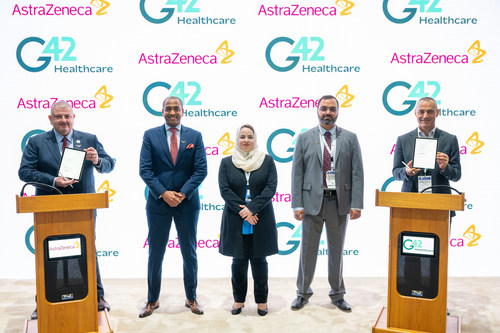 Left to right - 
Ghaleb Al Ahdab Government Affairs, Associate Director Gulf at AstraZeneca
Hicham Mirghani, Corporate Affairs Director GCC at AstraZeneca
Dr. Asma Al Mannaei, Executive Director, Research and Innovation Centre at DoH
Dr. Fahed Al Marzooqi, Chief Operating Officer at G42 Healthcare
Francesco Redivo Senior Director at G42 Healthcare