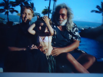 Jerry, Manasha and Keelin in Kona, Hawaii. Jerry and his family found rejuvenation on the Island between the busy concert tour schedule. Many of his sea-themed watercolor paintings were inspired and created in Hawaii. In 1988, Jerry became an avid scuba diver and actively supported coral reef preservation.