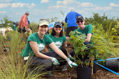 Volunteers spent the day at Colony Cove planting more than 4,000 trees on a 1.5-acre peninsula within the community, creating an environmentally beneficial microforest. A microforest is a very dense planting of native species on smaller pieces of land that is a high-performing, powerful tool to help improve the quality of the local environment and combat climate change. Representatives of Colony Cove from left to right: Megan Parker, Monica Ferrer and Tim Schwieterman.