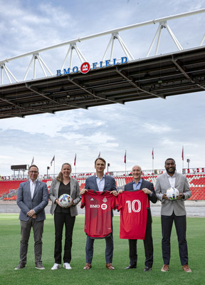 Jordan Vader, Senior Vice-president, Global Partnerships, MLSE, Tanya Maruck, Vice President, Community Engagement & Social Impact, MLSE, Cam Fowler, Chief Strategy and Operations Officer, BMO Financial Group, Bill Manning, President, Toronto FC and Toronto Argonauts and Justin Bob, Director, Equity, Diversity & Inclusion, MLSE at BMO Field celebrating our ten-year recommitment. (CNW Group/BMO Financial Group)