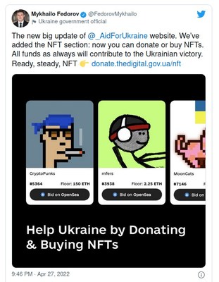 Tweet by Mykhailo Fedorov, Deputy Prime Minister of Ukraine and Minister of Digital Transformation, calling for donations by NFT