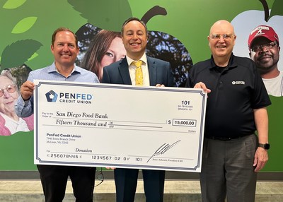 PenFed President/CEO James Schenck (left) and PenFed Chairman of the Board Ed Cody (right) present a $15,000 check to San Diego Food Bank CEO Casey Castillo (center).