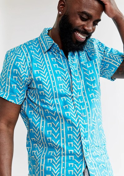 D'IYANU'S Keyon Men's African Print Button-Up Shirt (Sky Blue Mudcloth)