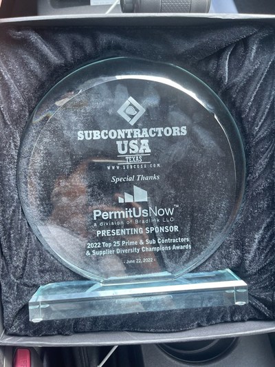PermitUsNow Top 25 Subcontractors Award presented by Subcontractors USA on June 22, 2022 in Houston, TX at the Junior League Building