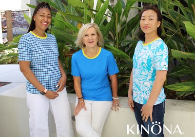KINONA introduces their Tee It Up for Ukraine shirts to support Nova Ukraine and UNICEF; KINONA team members Kasha, Dianne, and Jamie are pictured wearing them here.