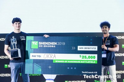 From left to right: Okra COO, Callum Yap, and CEO, Afnan Hannan, after winning the TechCrunch Hardware Battlefield competition in Shenzhen 2019
